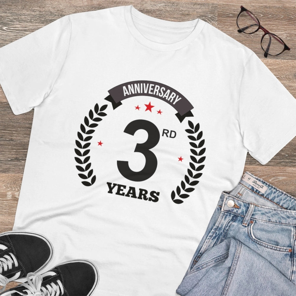 Men's PC Cotton 3rd Anniversary Printed T Shirt (Color: White, Thread Count: 180GSM)