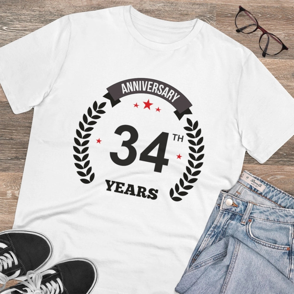 Men's PC Cotton 34th Anniversary Printed T Shirt (Color: White, Thread Count: 180GSM)