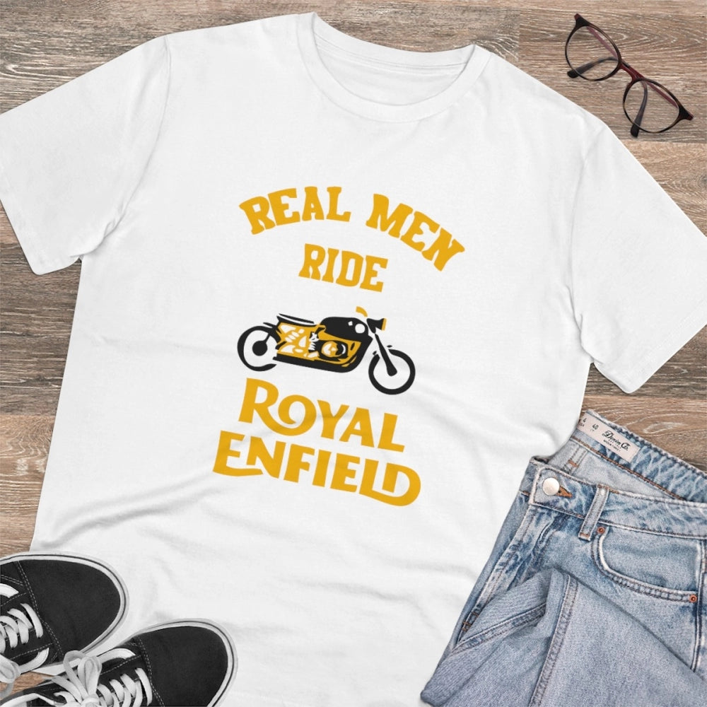 Men's PC Cotton Bike Ride Design Printed T Shirt (Color: White, Thread Count: 180GSM)