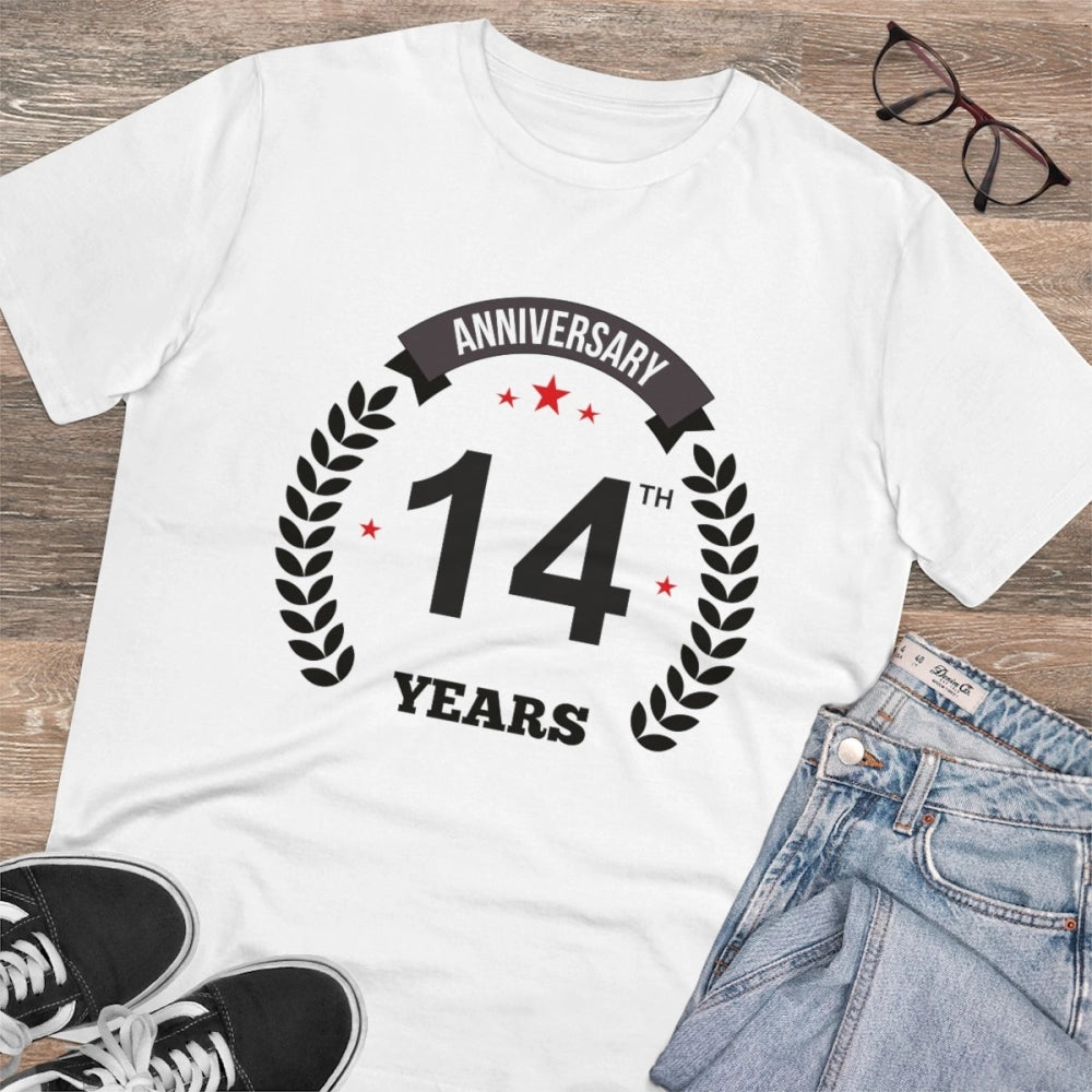 Men's PC Cotton 14th Anniversary Printed T Shirt (Color: White, Thread Count: 180GSM)