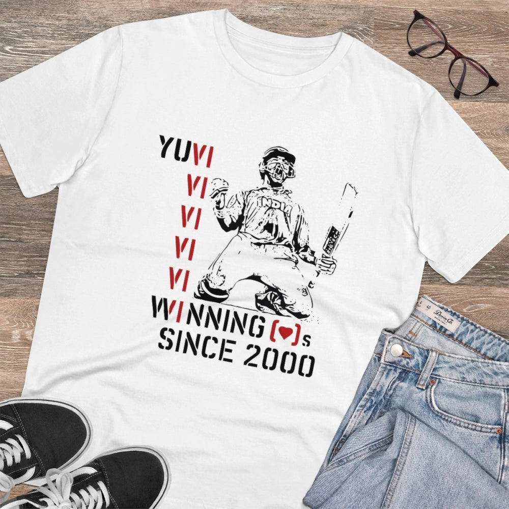Men's PC Cotton Cricket Design Printed T Shirt (Color: White, Thread Count: 180GSM)