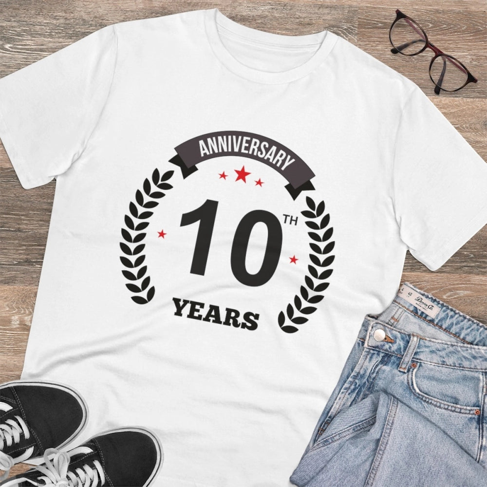 Men's PC Cotton 10th Anniversary Printed T Shirt (Color: White, Thread Count: 180GSM)