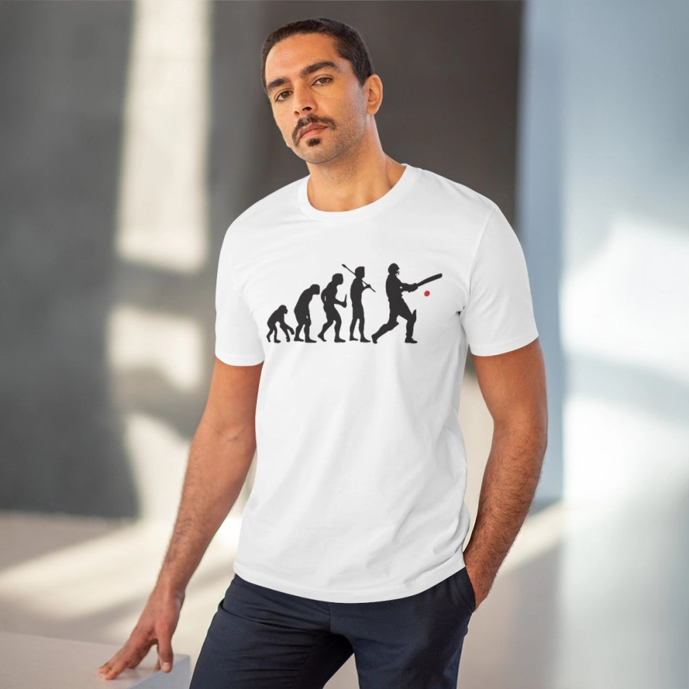Men's PC Cotton Cricket Design Printed T Shirt (Color: White, Thread Count: 180GSM)