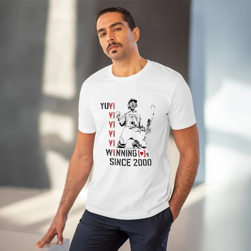 Men's PC Cotton Cricket Design Printed T Shirt (Color: White, Thread Count: 180GSM)