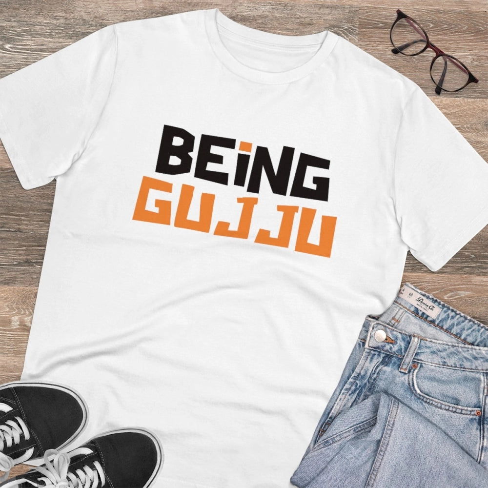 Men's PC Cotton Being Gujju Printed T Shirt (Color: White, Thread Count: 180GSM)