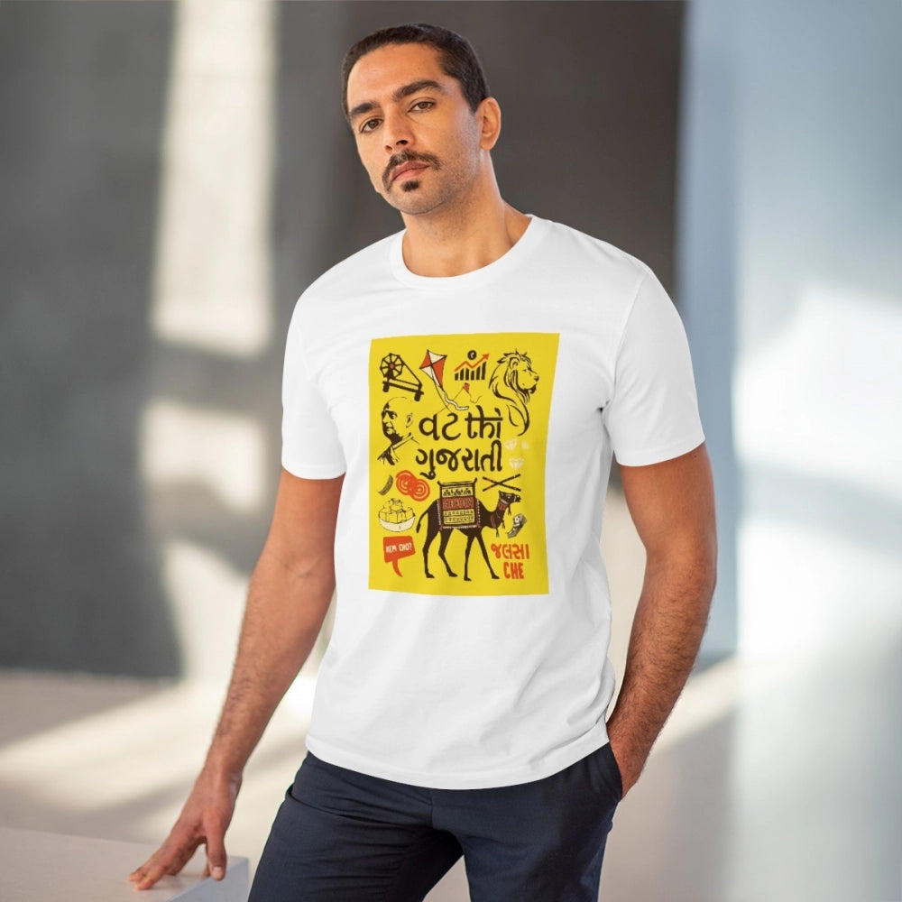Men's PC Cotton Vat Thi Gujarati Printed T Shirt (Color: White, Thread Count: 180GSM)