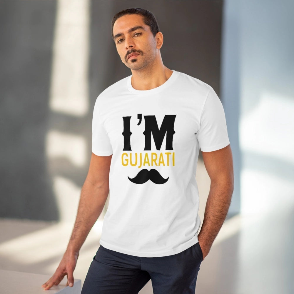 Men's PC Cotton I Am Gujarati Printed T Shirt (Color: White, Thread Count: 180GSM)