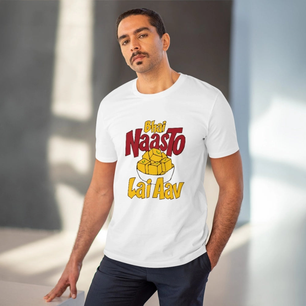 Men's PC Cotton Bhai Nasto Lai Aav Printed T Shirt (Color: White, Thread Count: 180GSM)