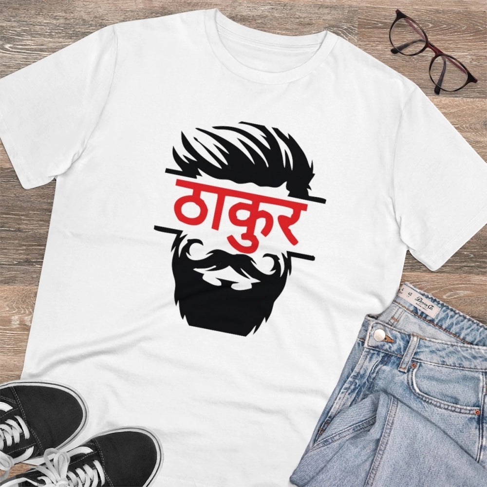 Men's PC Cotton Thakur Printed T Shirt (Color: White, Thread Count: 180GSM)