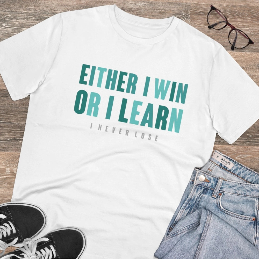 Men's PC Cotton Either I Win Or I Learn Printed T Shirt (Color: White, Thread Count: 180GSM)