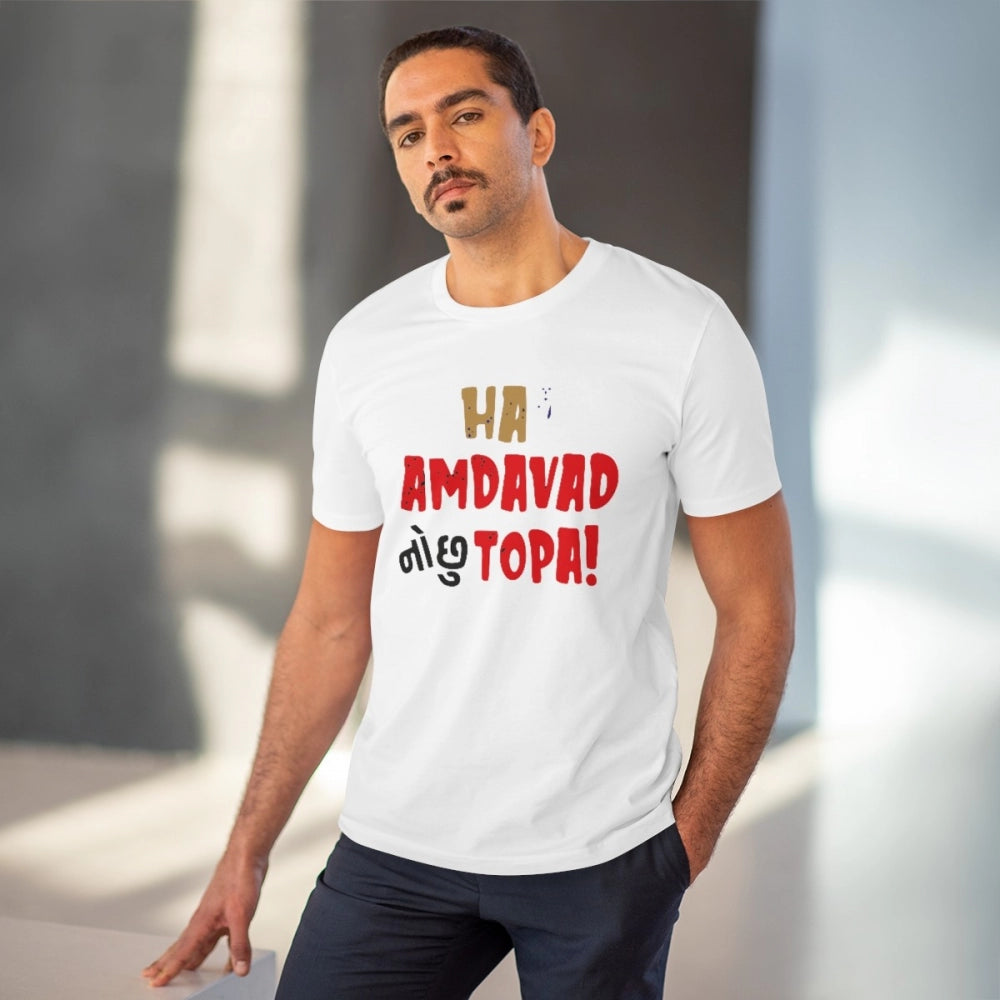 Men's PC Cotton Ha Amdavad No Chu Topa Printed T Shirt (Color: White, Thread Count: 180GSM)