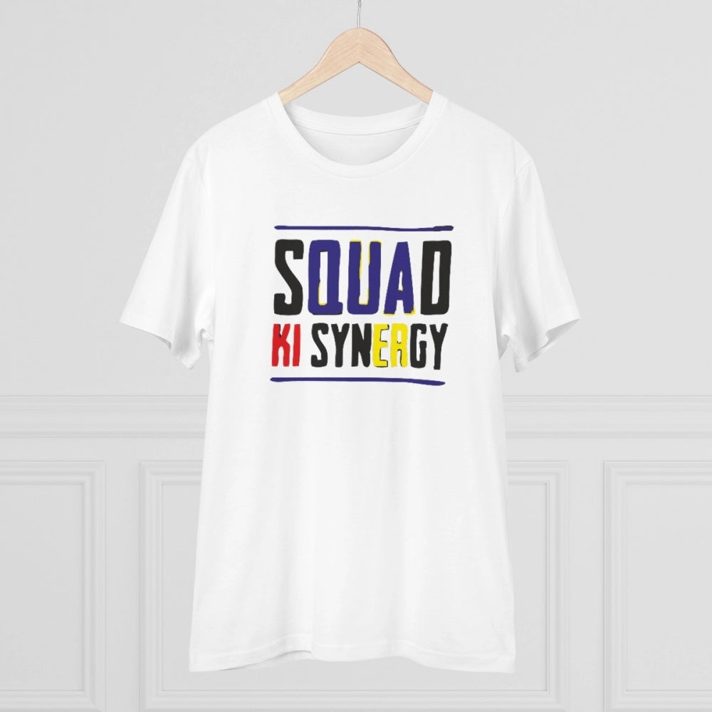 Men's PC Cotton Squed Ki Syneagy Printed T Shirt (Color: White, Thread Count: 180GSM)