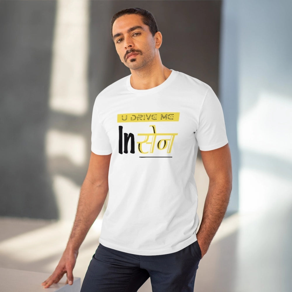 Men's PC Cotton U Drive Me In Sen Printed T Shirt (Color: White, Thread Count: 180GSM)
