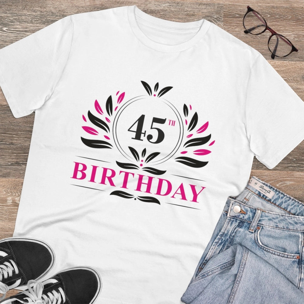 Men's PC Cotton 45th Birthday Printed T Shirt (Color: White, Thread Count: 180GSM)