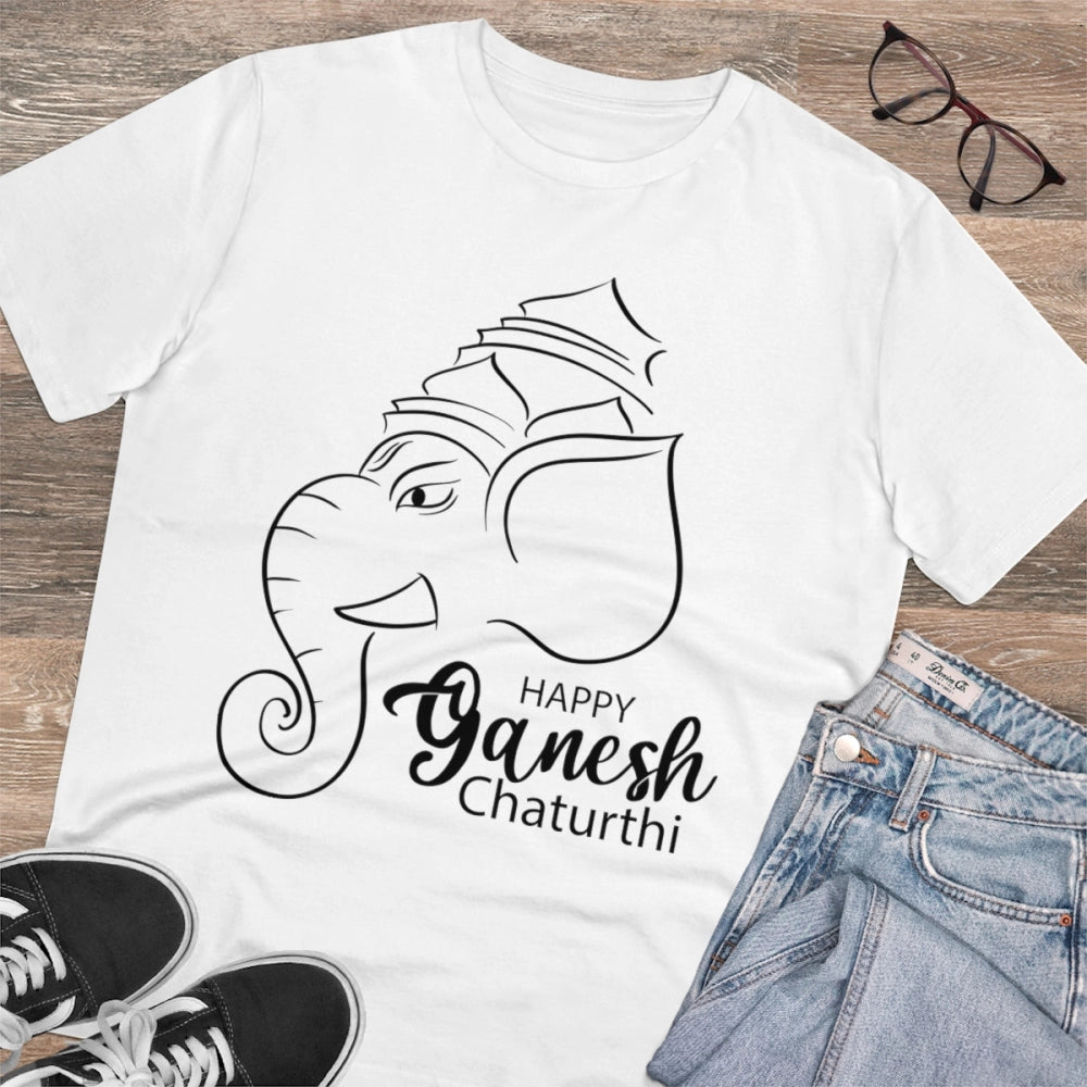 Men's PC Cotton Ganesh Printed T Shirt (Color: White, Thread Count: 180GSM)