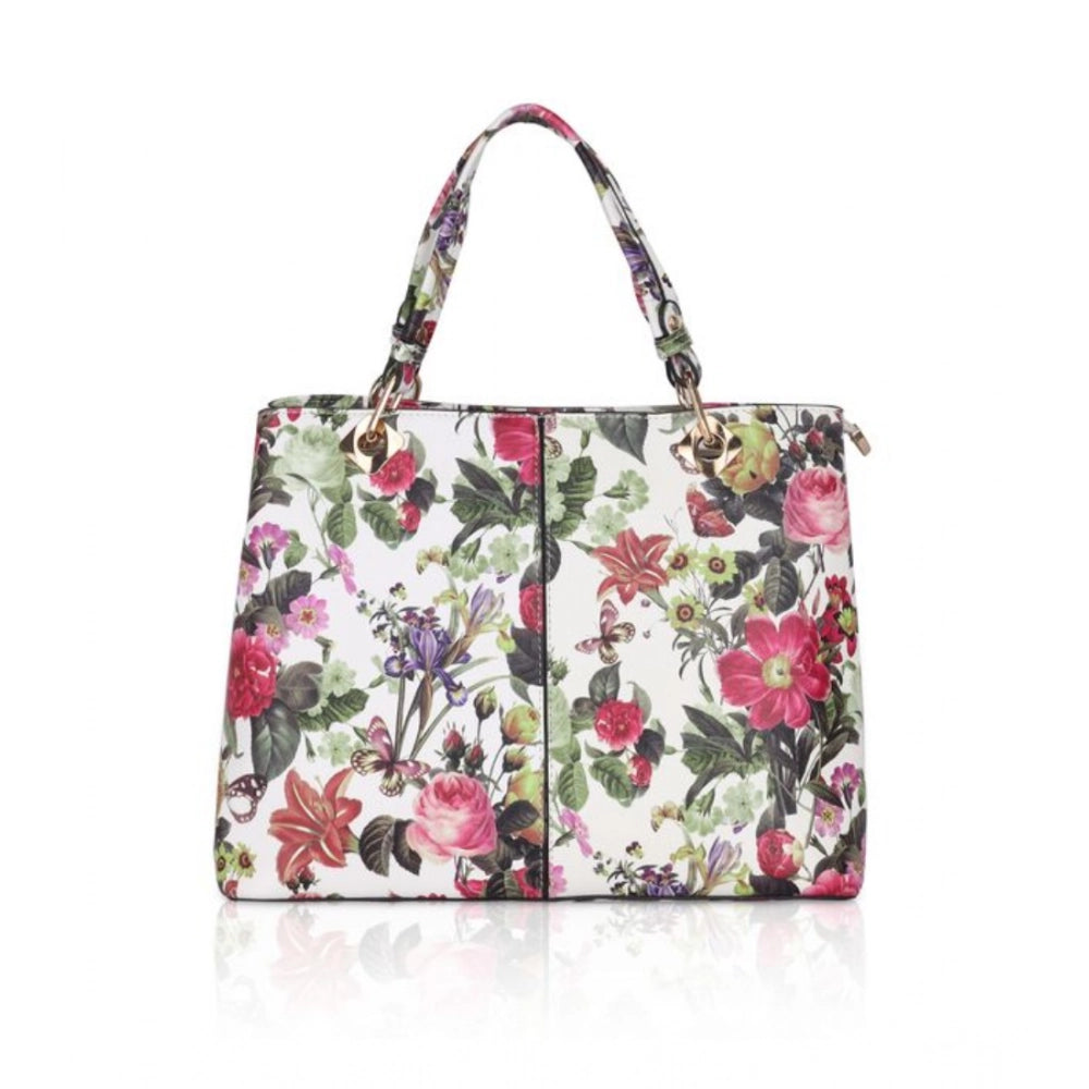 Women's Faux Leather Printed Handheld Bag (White Pink)