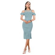 Women's Knitting stretchable Solid Round Neck Sleeveless Dress (Pista )