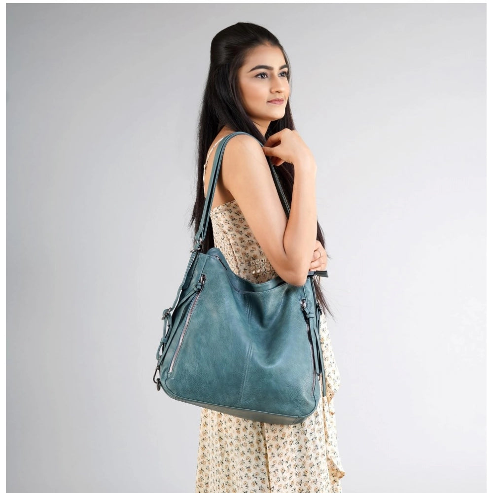 Women's PU Leather Medium Shoulder Zipper Handbag (Blue)