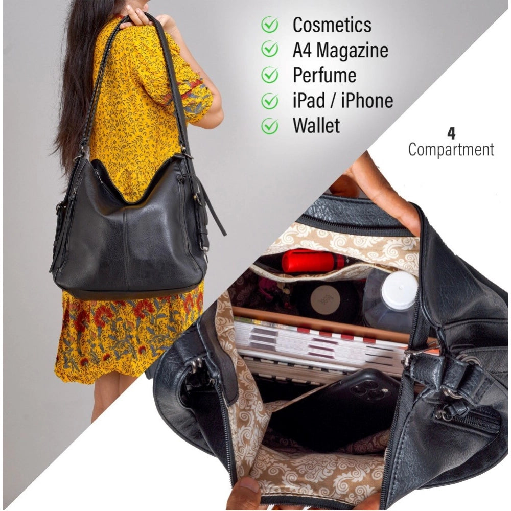 Women's PU Leather Medium Shoulder Zipper Handbag (Black)