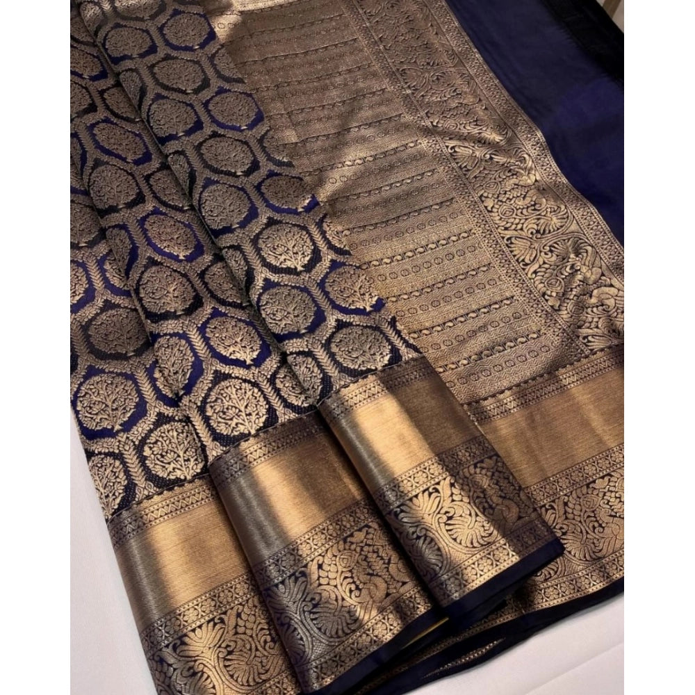Women's Silk Printed Saree With Unstitched Blouse 5.5Mtr (Navy Blue)