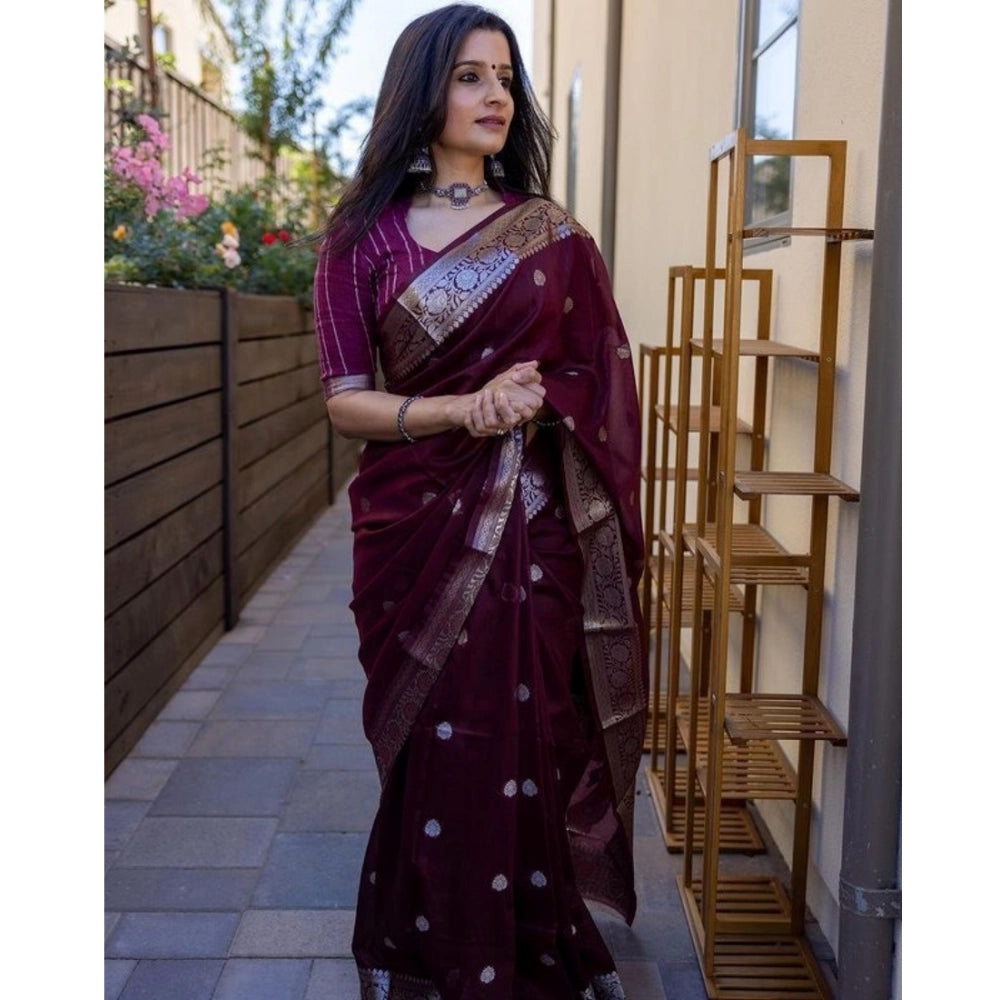Women's Cotton  Printed Saree With Unstitched Blouse 5.5Mtr (Maroon)