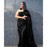 Women's Georgette Embellished Sequnece Bollywood Saree With Unstitched Blouse 5.5Mtr (Black)