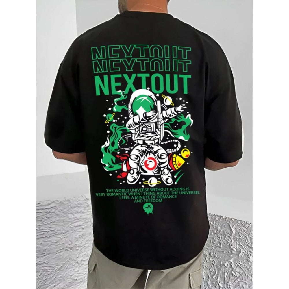 Men's Casual Cotton Blend Printed Round Neck Half Sleeve T-Shirt (Black)
