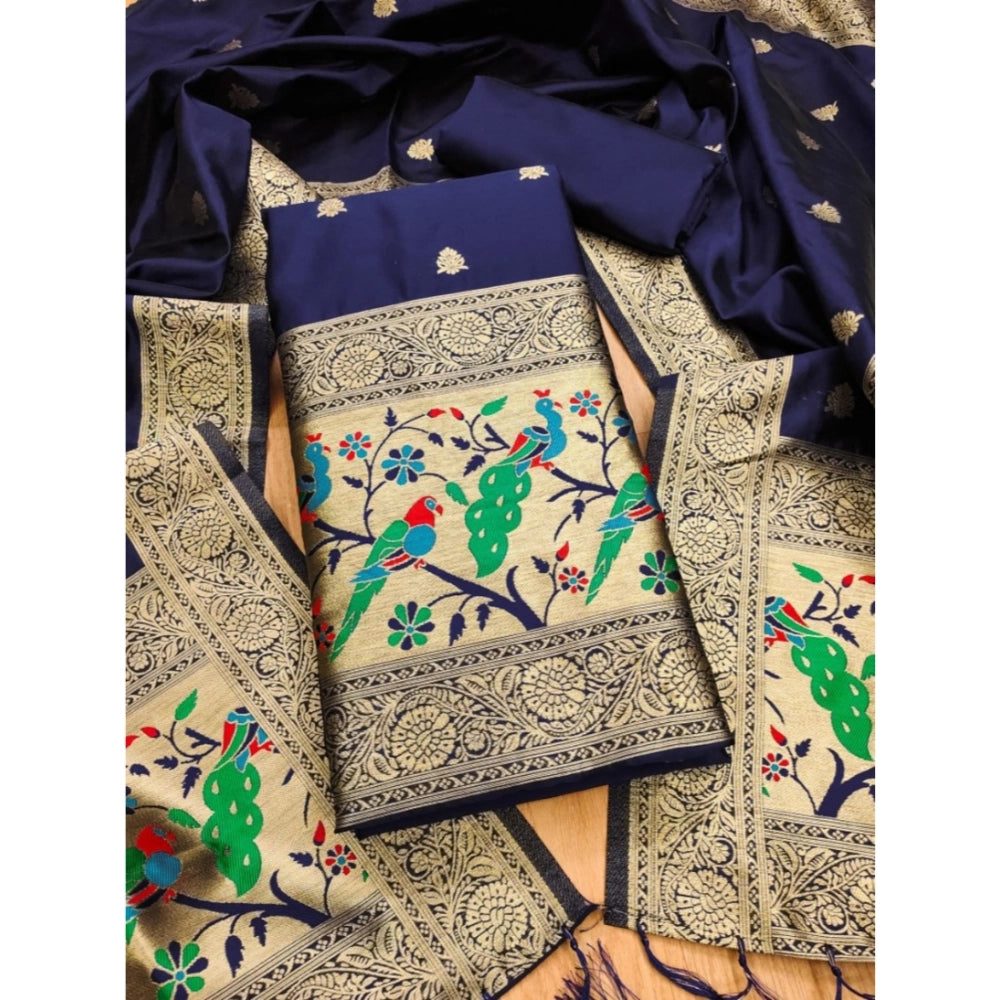 Women's Banarasi Silk Printed Unstitched Salwar Suit Material With Dupatta (Navy Blue, 3Mtrs)