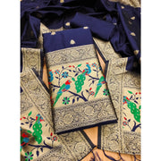 Women's Banarasi Silk Printed Unstitched Salwar Suit Material With Dupatta (Navy Blue, 3Mtrs)