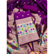 Women's Banarasi Silk Printed Unstitched Salwar Suit Material With Dupatta (Purple, 3Mtrs)