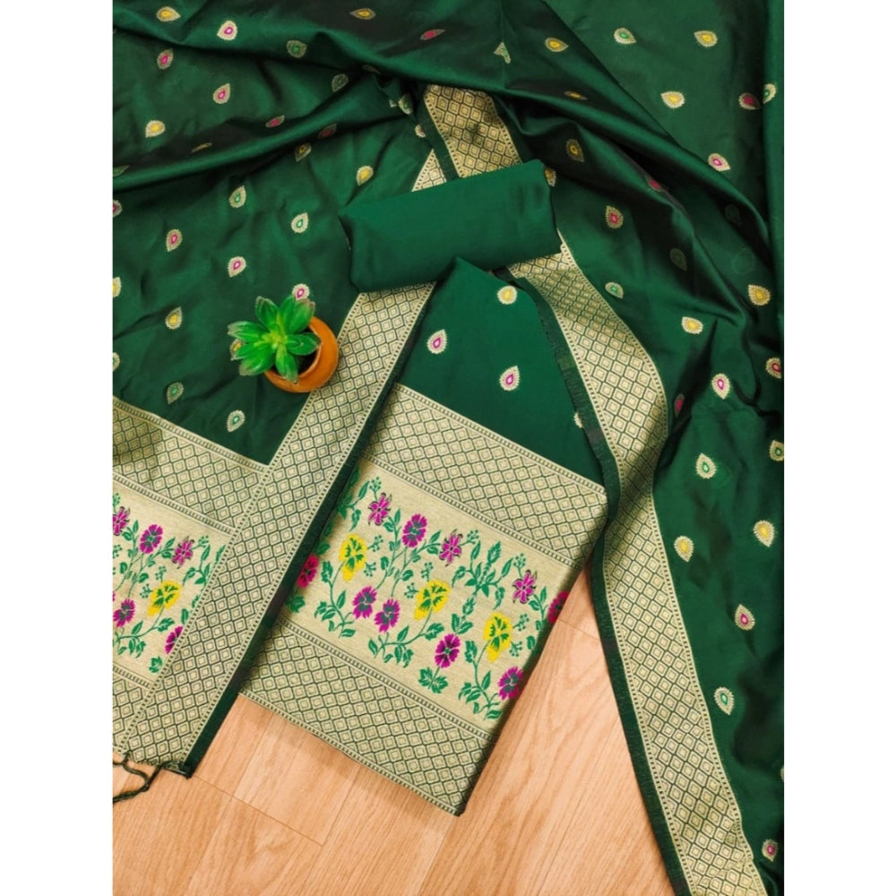 Women's Banarasi Silk Printed Unstitched Salwar Suit Material With Dupatta (Bottle Green, 3Mtrs)