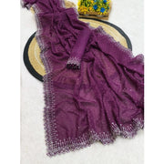 Women's Georgette Stone Work Saree With Unstitched Blouse 5.5Mtr (Purple)