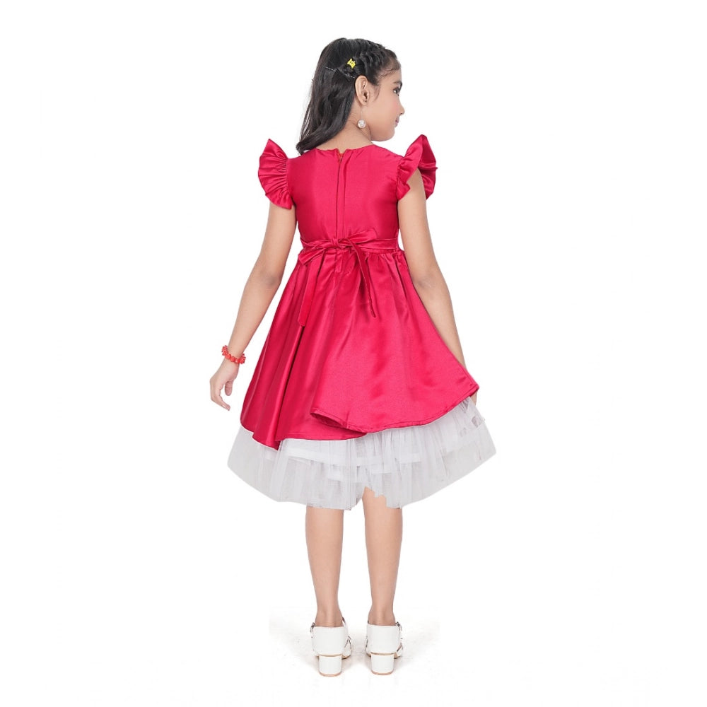 Girl's Satin Soild Short Sleeve V Neck Dress (Pink)
