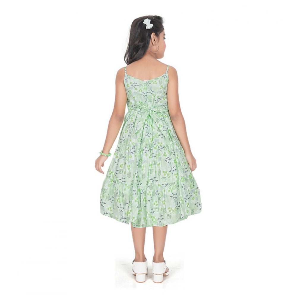 Girl's Cotton Slub Printed Sleeve Less Round Neck Dress (Sea Green)