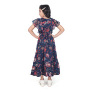 Girl's Shiffon Printed Short Sleeve Round Neck Dress (Blue)