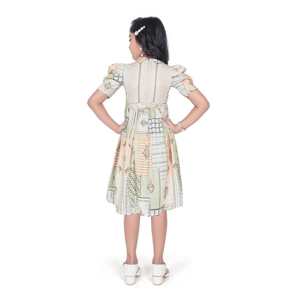Girl's Digital Knitted Printed Half Sleeve Close Neck Dress (Light Green)