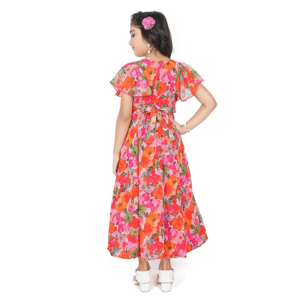 Girl's Shiffon Printed Short Sleeve Round Neck Dress (Multicolor)