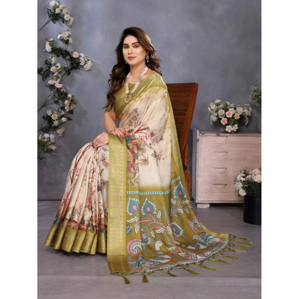 Women's Cotton Silk  Printed Saree With Unstitched Blouse 5.5Mtr (Olive Green)