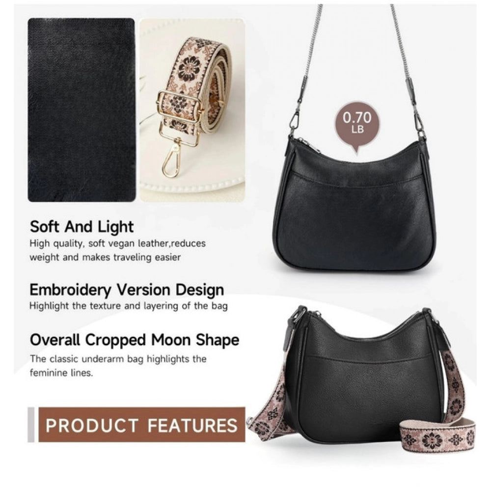 Women's PU Leather Zipper Sling Bag (Black)
