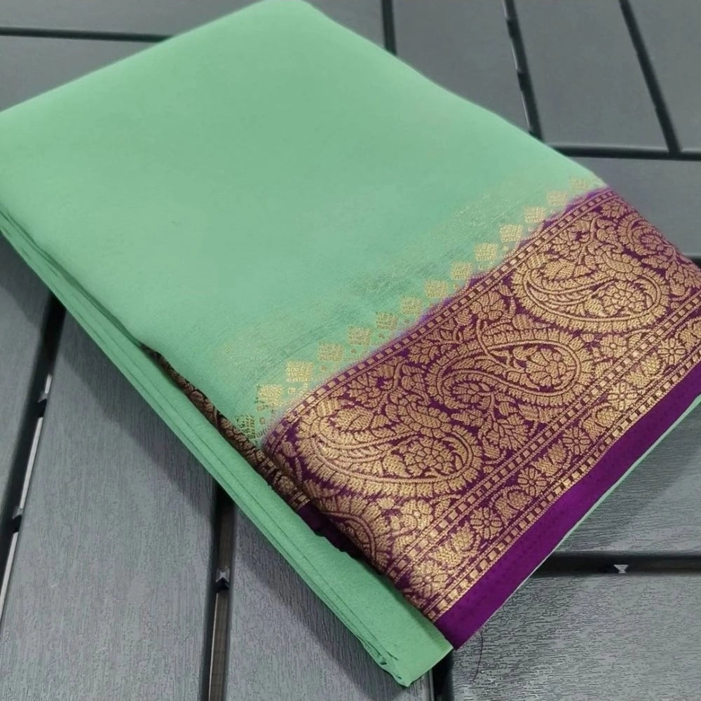 Women's Crepe Chit Pallu Solid Saree With Unstitched Blouse 5.5Mtr (Light Green)