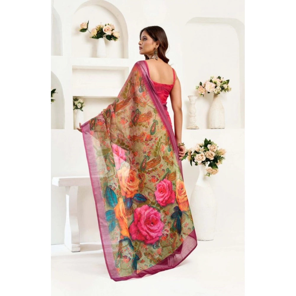 Women's Faux Linen Floral Print Ready to wear Saree With Unstitched Blouse 5.5Mtr (Pink)