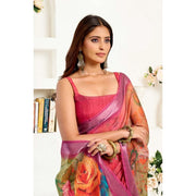 Women's Faux Linen Floral Print Ready to wear Saree With Unstitched Blouse 5.5Mtr (Pink)