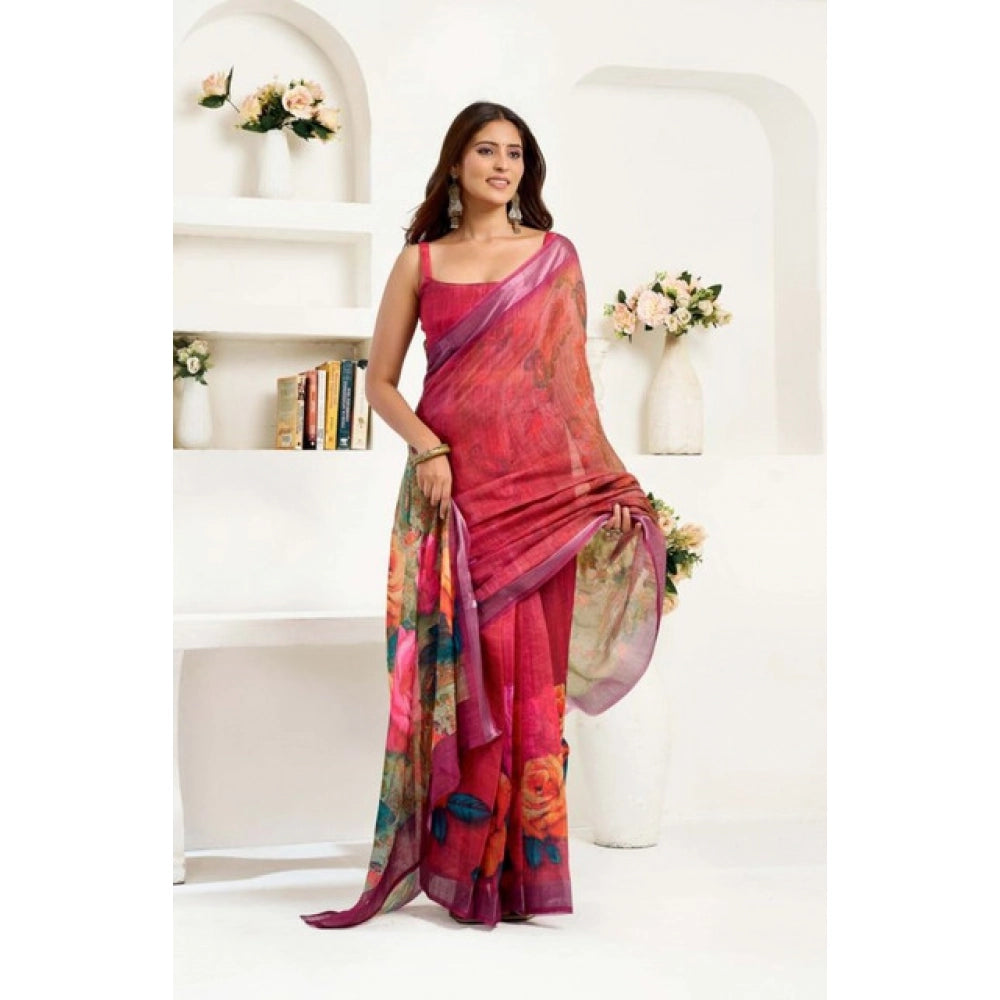 Women's Faux Linen Floral Print Ready to wear Saree With Unstitched Blouse 5.5Mtr (Pink)