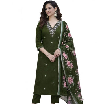 Women's Chanderi Silk Ethnic Motif V-Neck 3/4th Sleeve Kurti With Pant Dupatta Set (Mahendi)
