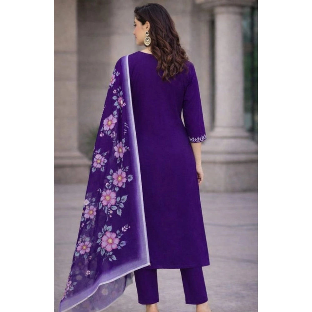 Women's Chanderi Silk Ethnic Motif V-Neck 3/4th Sleeve Kurti With Pant Dupatta Set (Purple)