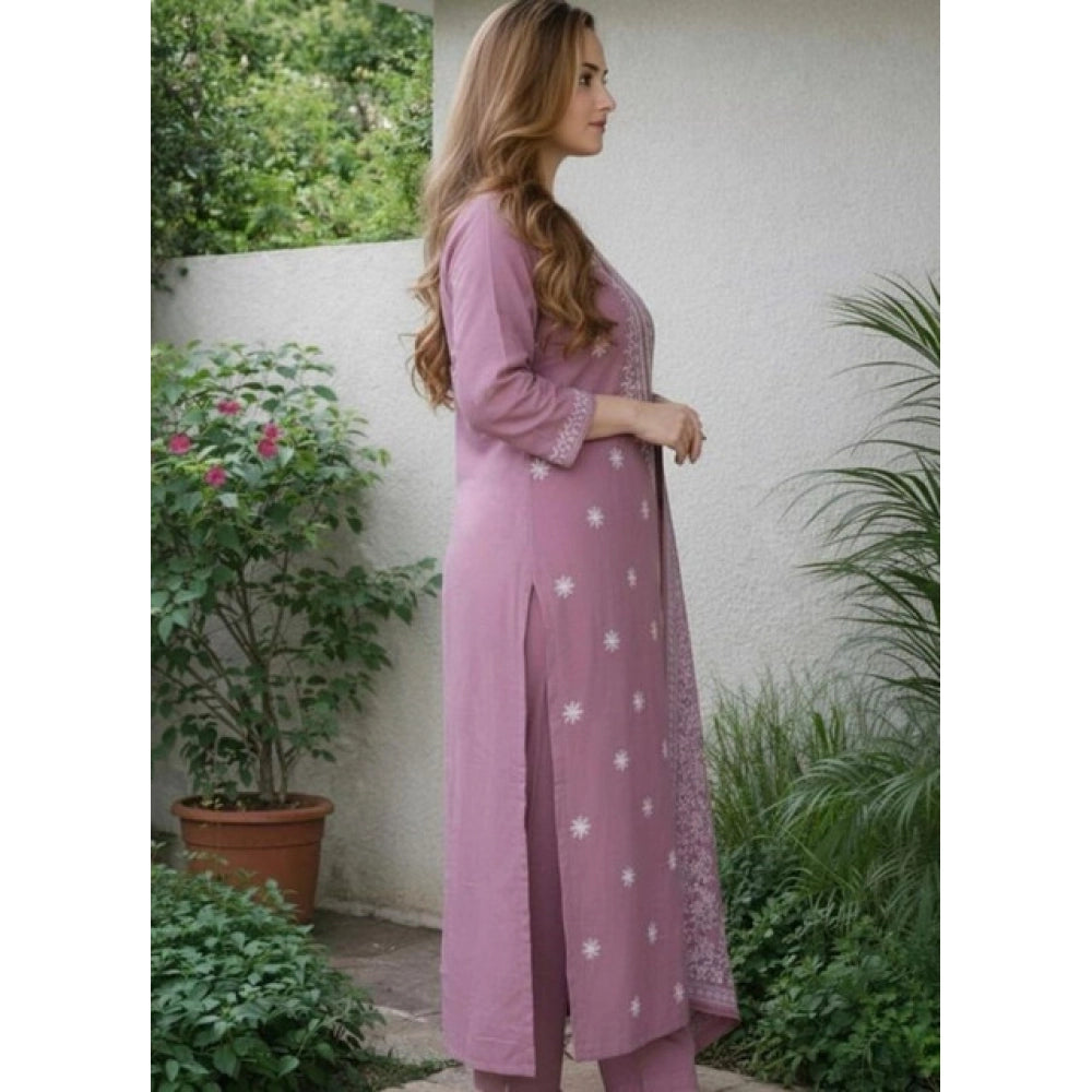 Women's Chanderi Silk Ethnic Motif Round 3/4th Sleeve Kurti With Pant Dupatta Set (Peach)