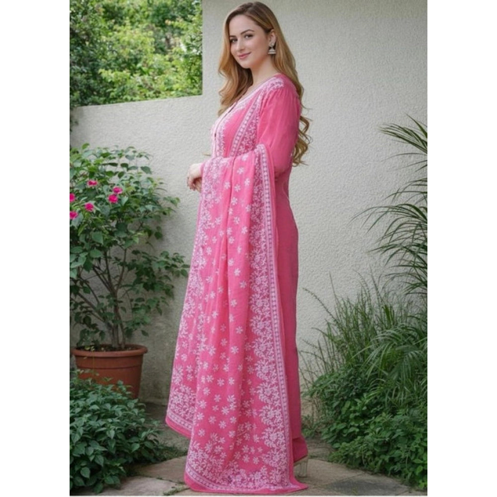 Women's Chanderi Silk Ethnic Motif Round 3/4th Sleeve Kurti With Pant Dupatta Set (Pink)