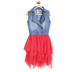 Girl's Denim Roll Up Buttoned Dress (Blue-Red)