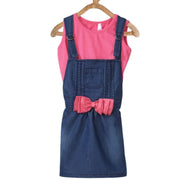 Girl's Denim &amp; Cotton Bow Sleeveless Dungaree (Pink)