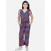 Girl's Polyester Crepe Floral Short Sleeve Set (Multicolor)